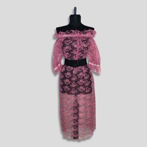 Vintage Lace Midi Dress Pink Floral Off Shoulder Medium
